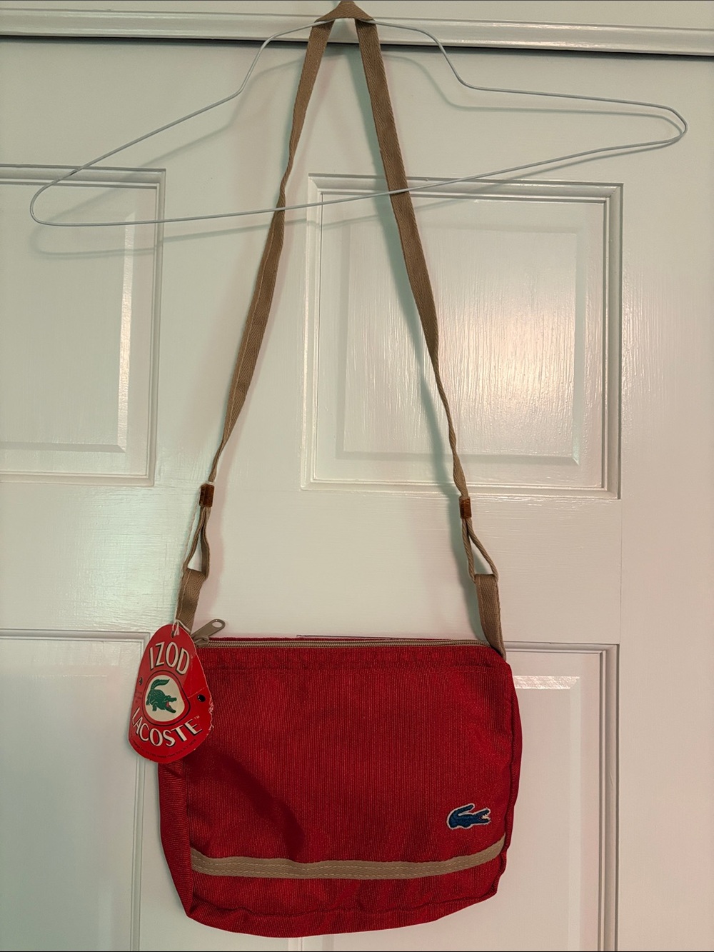 Vintage Lacoste Red Crossbody Bag with Tan Strap